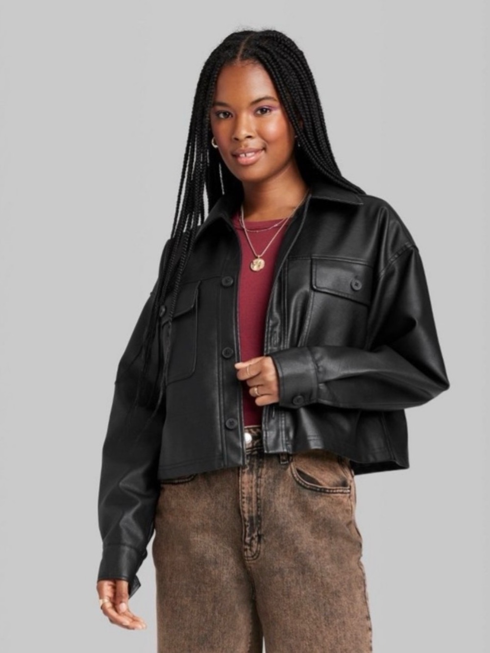 Wild Fable Black Cropped Leather Boxy Jacket